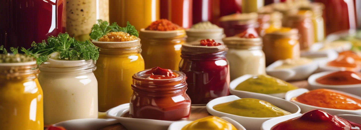 Premium gourmet condiments and sauces lined up on the cart